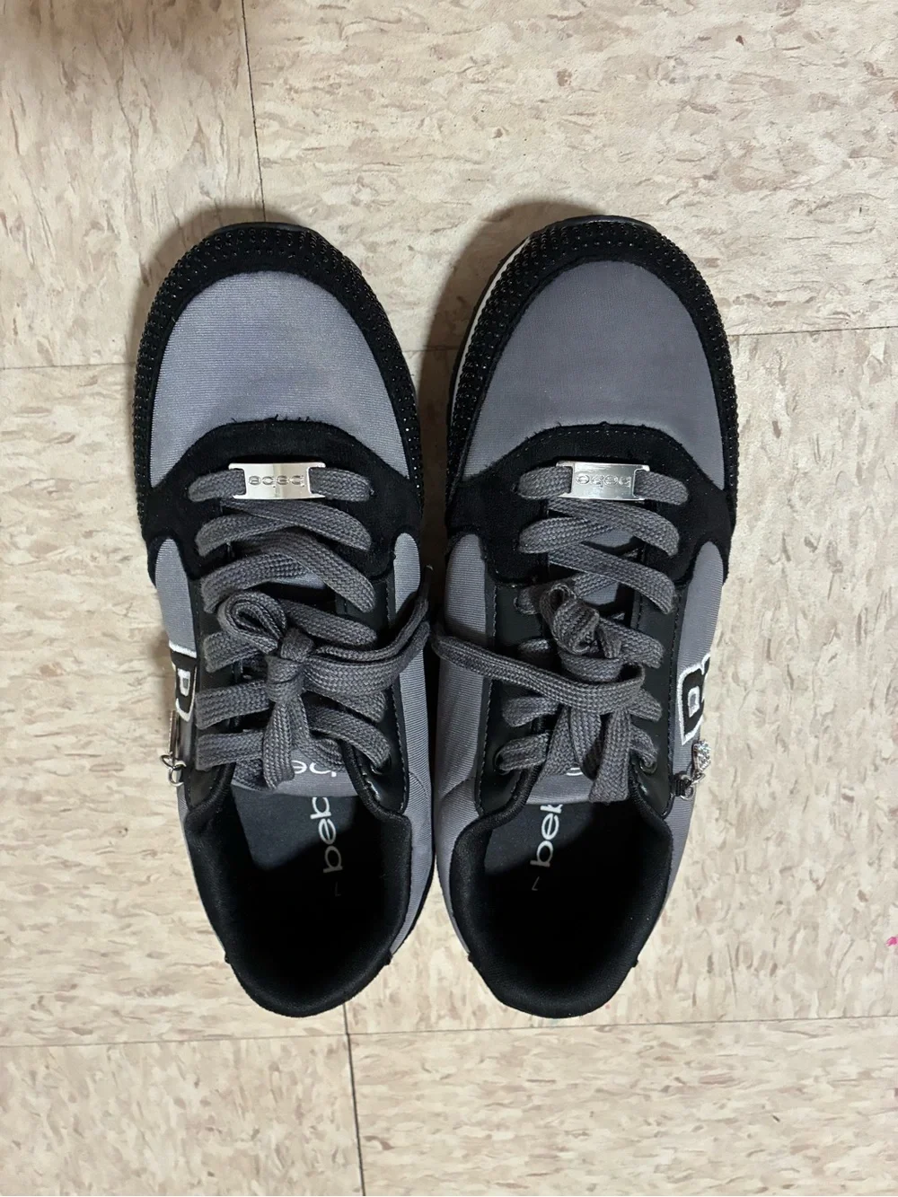 bebe Black & Gray Women’s Casual Sneakers with Rhinestone 'B' Charm